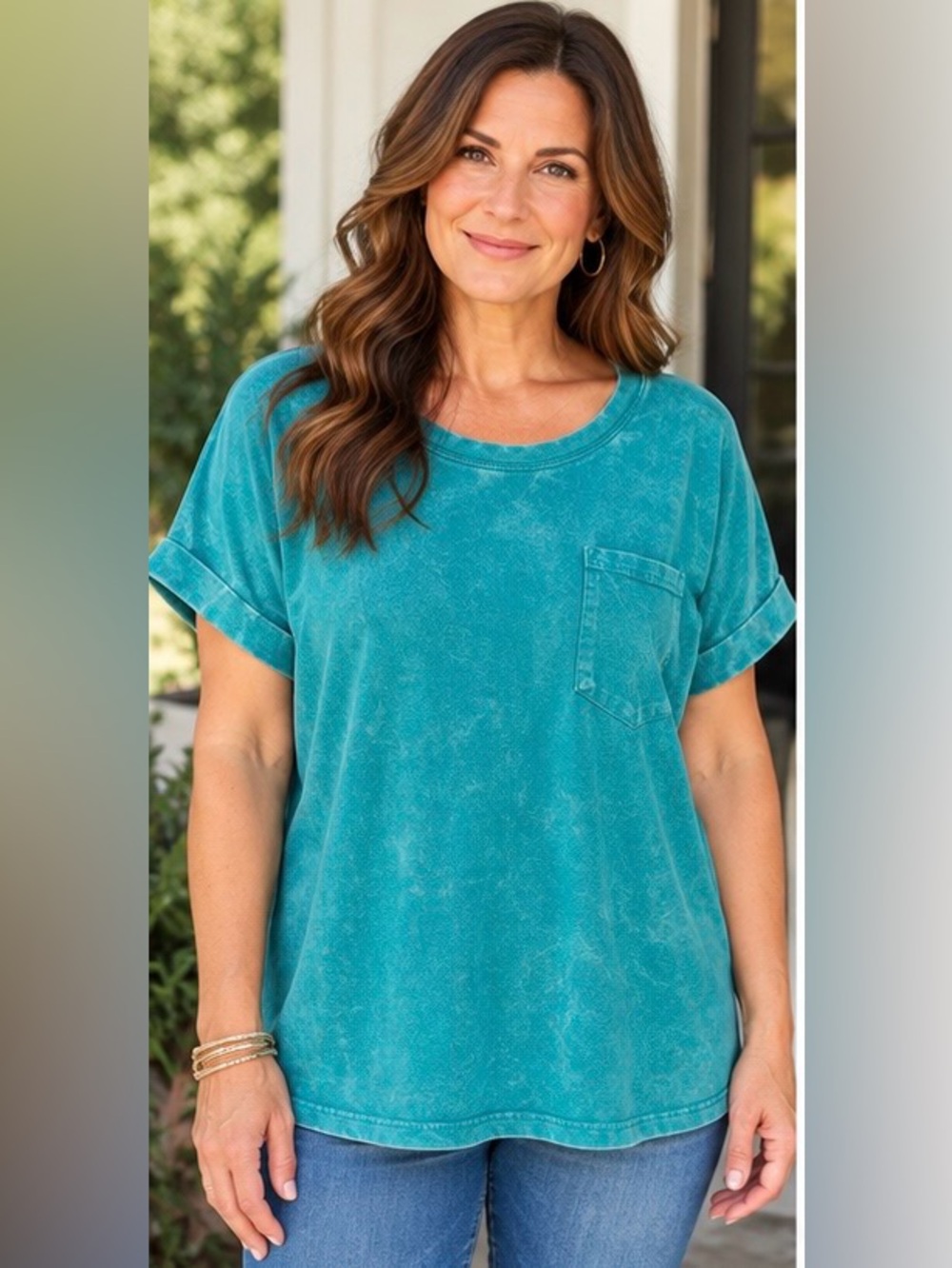 Zenana Outfitters Teal Mineral-Wash Pocket Tee - Short Sleeve NWOT